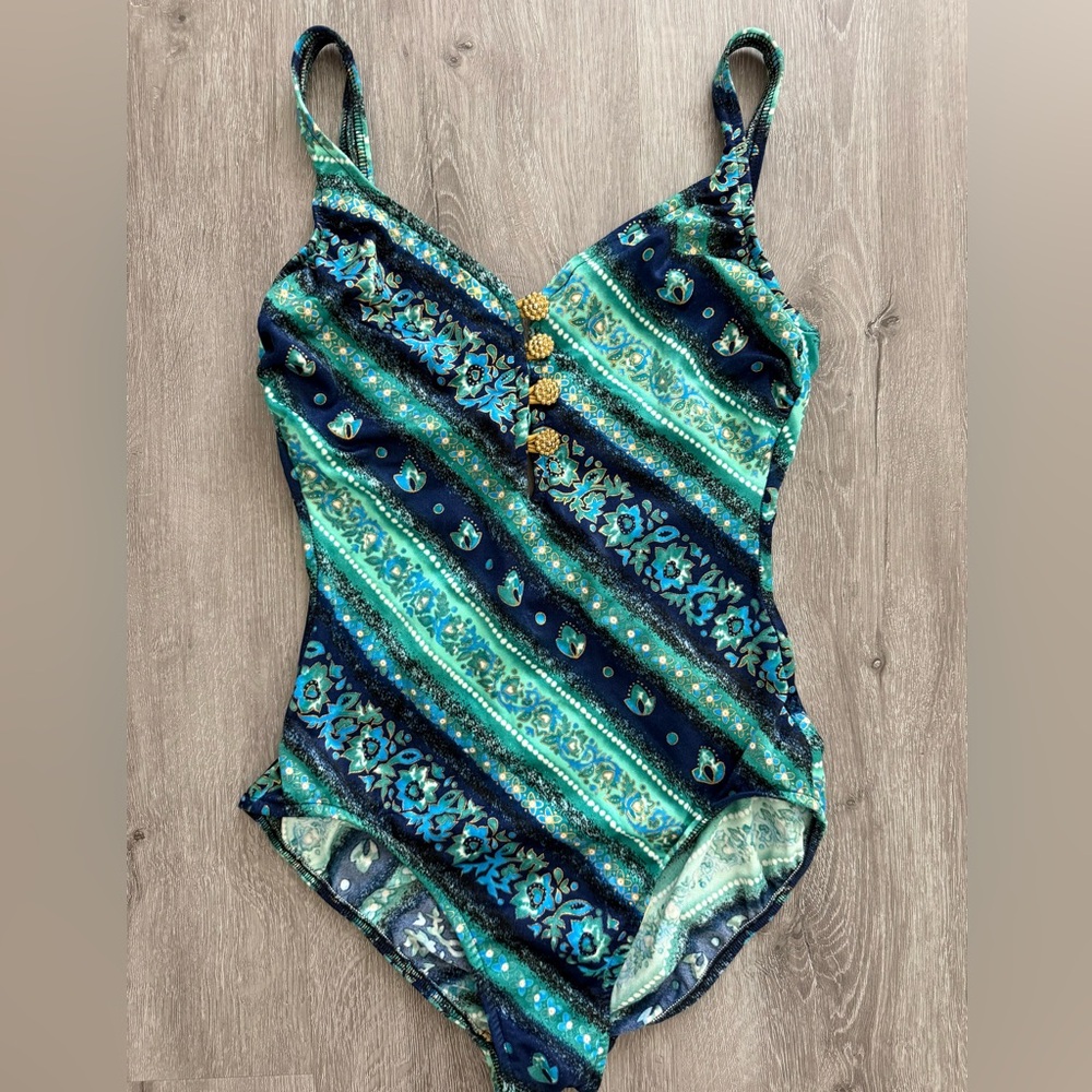 Vintage Mainstream One Piece Blue and Green Patterned Swimsuit | Size L